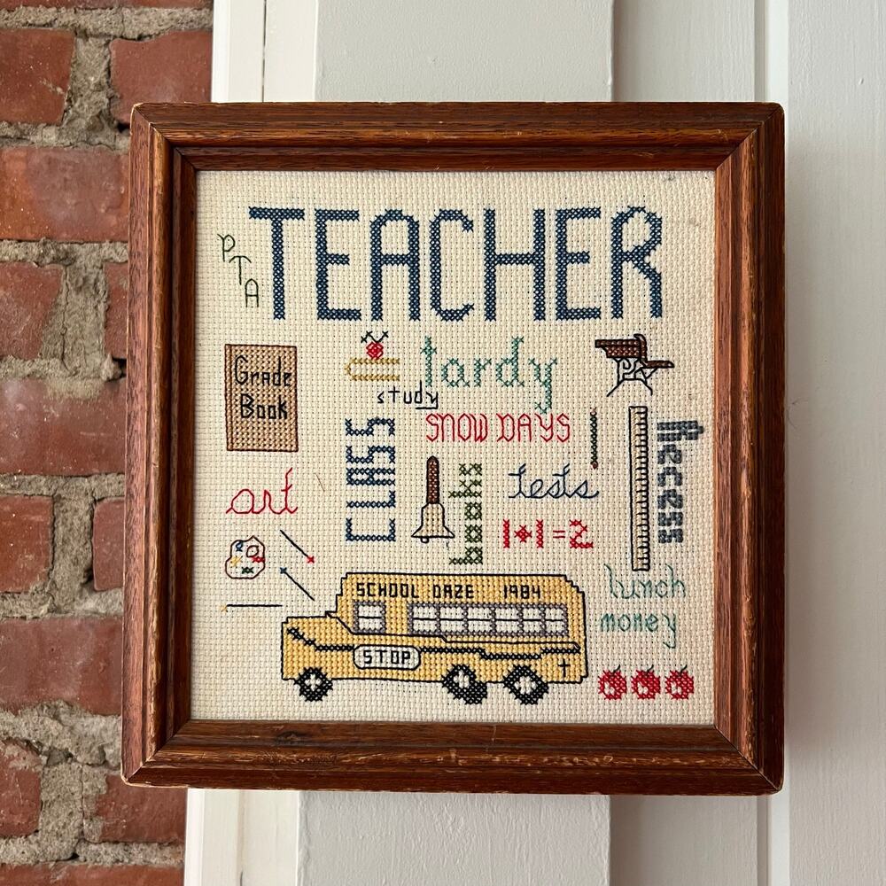 Vintage Cross Stitch School Sampler Framed 1980s Classroom Needlepoint Wall Art